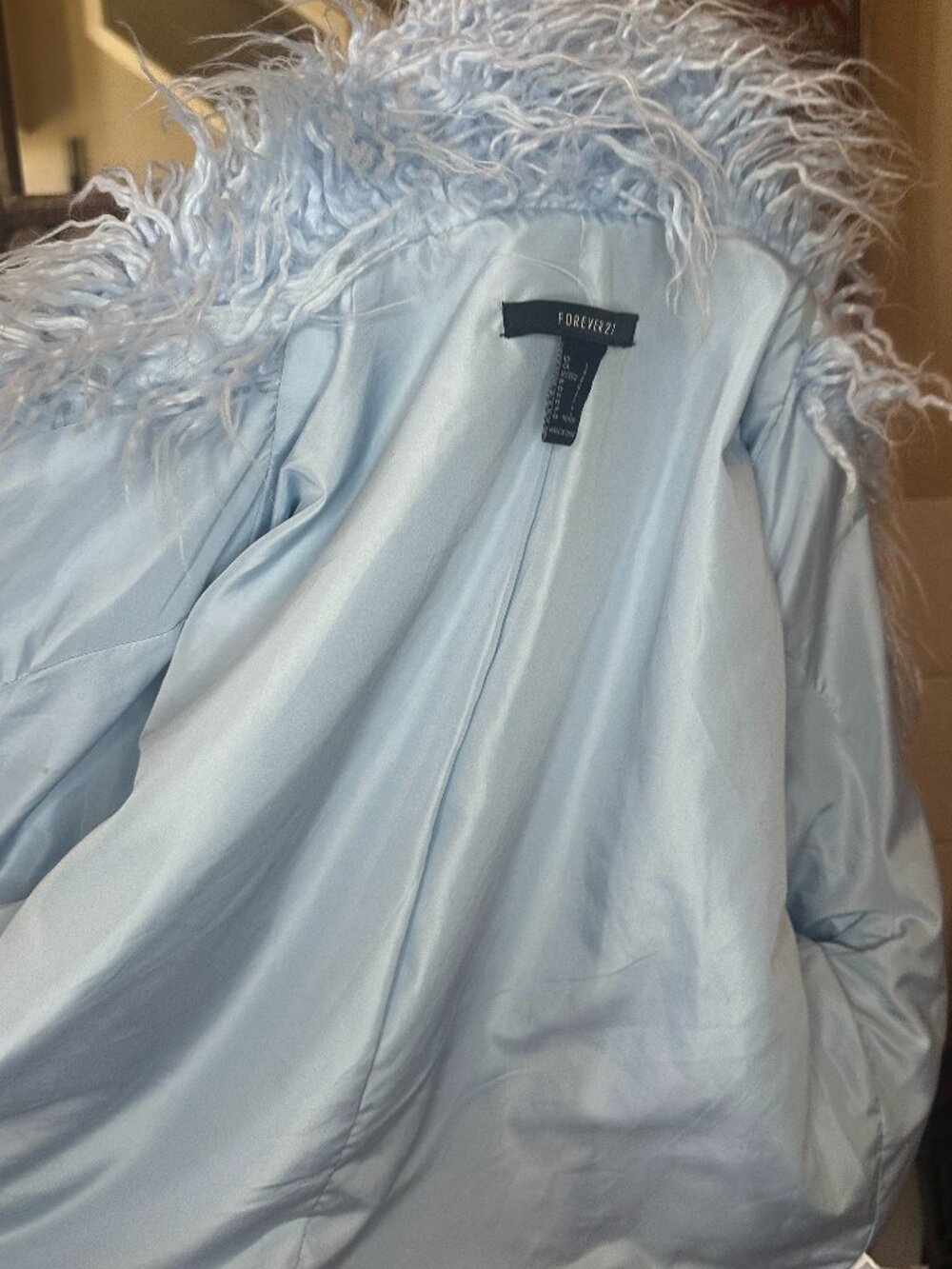 VTG FOREVER21 Blue Long Hair Faux Fur open Jacket Large Long Sleeve Collared - Picture 2 of 16
